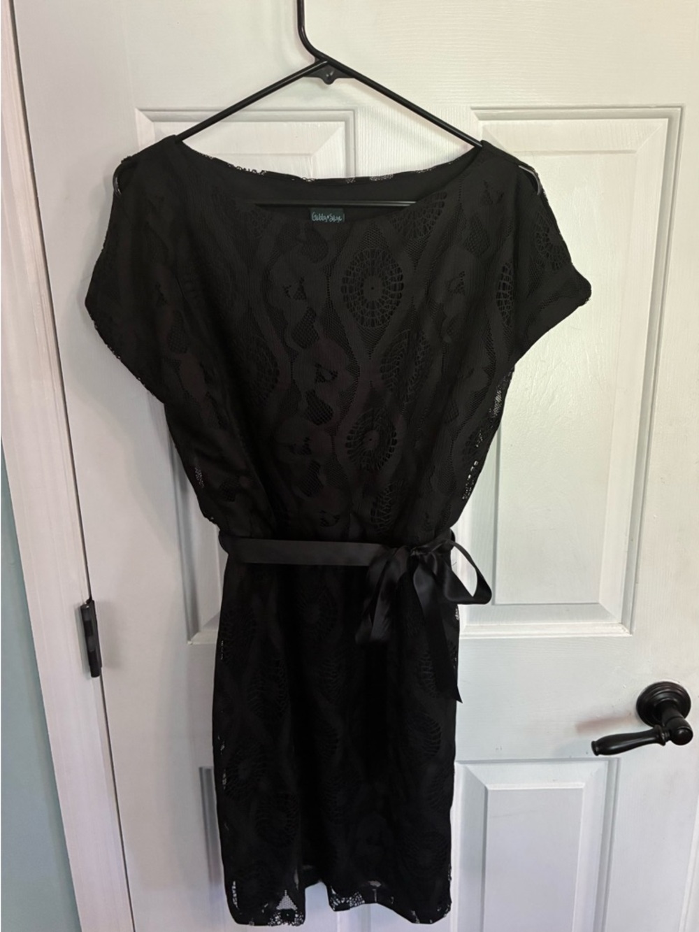 Gabby Skye Black Lace Mini Dress with Satin Waist Tie
